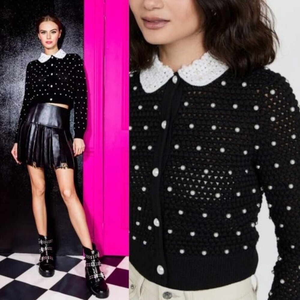 Alice + Olivia Collins Pearl Embellished Crochet Wool Black Cardigan XS NWT $595 - Picture 6 of 13